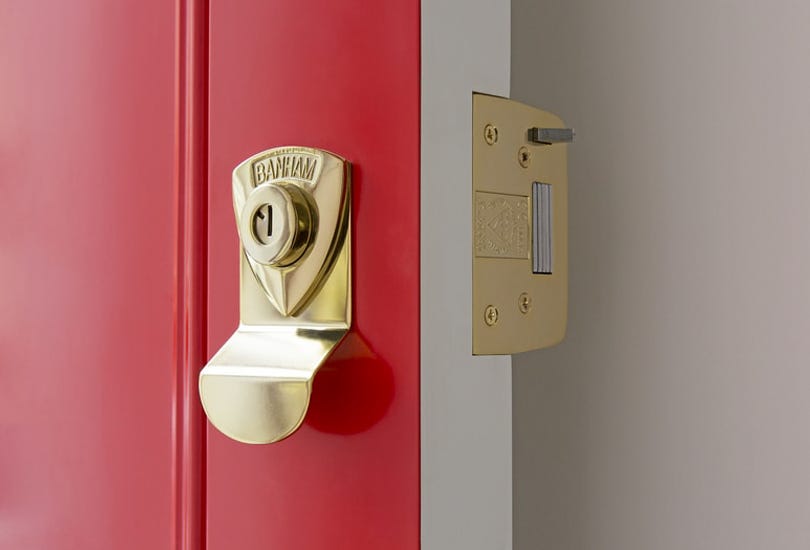 Red Banham Door with Brass Banham Door Lock and Banham Rose